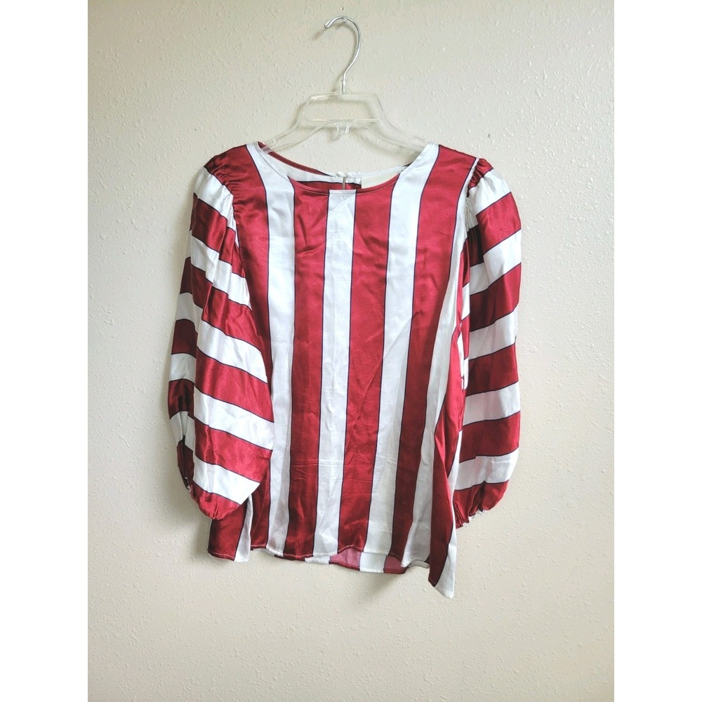Anthropologie Maeve Maria Balloon‎ Sleeve Striped Satin Blouse Red White 12 New